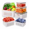 5Pcs Fruit Vegetable Containers with Removable Drain Basket Leakproof Lid Stackable Food Storage Organizer for Fridge Dishwasher Safe