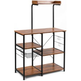 4-tier Kitchen Baker's Rack with Basket and 5 Hooks-Dark Brown