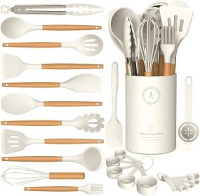 Silicone Cooking Utensils Set - Silicone Kitchen Utensils for Cooking Wooden Handles, 446°F Heat Resistant Kitchen Utensil Spatula Sets w Holder