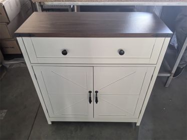 Farmhouse Storage Cabinet with Drawer and Adjustable Shelf, White Kitchen Cabinet with Walnut Countertop