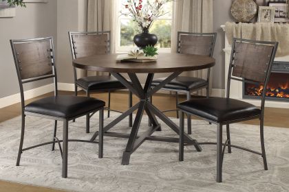 Rustic Industrial Style 5pc Dining Set Round Table and 4x Side Chairs Faux Leather Seat Metal Frame Burnished Brown Finish and Gray Metal Finish Kitch