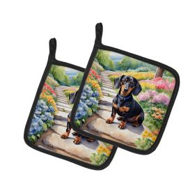 Dachshund Spring Path Pair of Pot Holders Kitchen Heat Resistant Pot Holders Sets Oven Hot Pads for Cooking Baking BBQ, 7 1/2 x 7 1/2