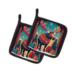 Moose Christmas Pair of Pot Holders Kitchen Heat Resistant Pot Holders Sets Oven Hot Pads for Cooking Baking BBQ, 7 1/2 x 7 1/2