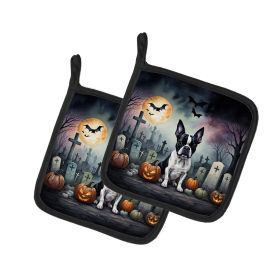 Boston Terrier Spooky Halloween Pair of Pot Holders Kitchen Heat Resistant Pot Holders Sets Oven Hot Pads for Cooking Baking BBQ, 7 1/2 x 7 1/2