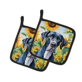 Great Dane in Sunflowers Pair of Pot Holders Kitchen Heat Resistant Pot Holders Sets Oven Hot Pads for Cooking Baking BBQ, 7 1/2 x 7 1/2