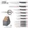 Classic 12-Piece Japanese Steel Knife Block Set with Built-in Knife Sharpener, Charcoal Gray
