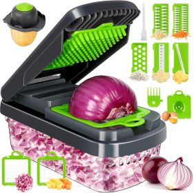Vegetable Chopper,12-in-1 Multifunctional Food Chopper,Professional Onion Chopper with 7 Blades,Vegetable Cutter with Container for Salad,Potato (Color: Grey)