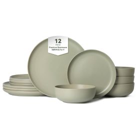 12-Piece Stoneware Dinner Plates Bowls Sets | Microwave & Dishwasher Safe | FDA Certified Non-Toxic Dinner Plates Bowls Set | Stackable Matte Glaze Ki (Main Color: Green, Main Material: Stone)