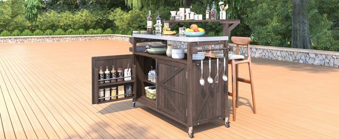 K&K 53.3" Outdoor Kitchen Island with Raised Shelf, Solid Wood Storage Cabinet with Stainless Steel Top (Color: as Pic)