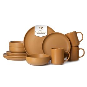 12-Piece Stoneware Dinnerware Sets with Mugs | Microwave & Dishwasher Safe | FDA Certified Non-Toxic Dinner Plates Bowls Set | Stackable Matte Glaze K (Main Color: Orange, Main Material: Stone)