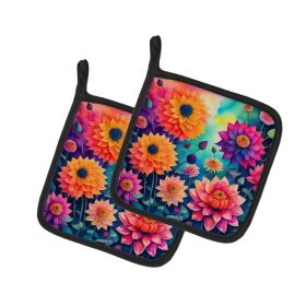 Colorful Dahlias Pair of Pot Holders Kitchen Heat Resistant Pot Holders Sets Oven Hot Pads for Cooking Baking BBQ, 7 1/2 x 7 1/2 (Default: Default)