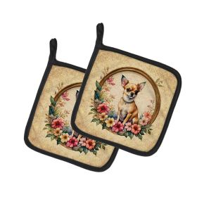 Chihuahua and Flowers Pair of Pot Holders Kitchen Heat Resistant Pot Holders Sets Oven Hot Pads for Cooking Baking BBQ, 7 1/2 x 7 1/2 (Default: Default)