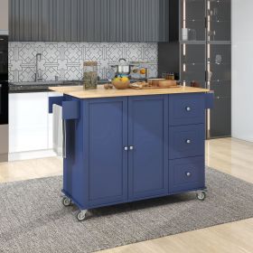 Rolling Mobile Kitchen Island with Solid Wood Top and Locking Wheels,52.7 Inch Width,Storage Cabinet and Drop Leaf Breakfast Bar,Spice Rack (Material: MDF, Color: Blue)