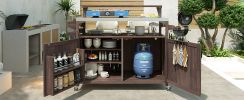 K&K 53.3" Outdoor Kitchen Island with Raised Shelf, Solid Wood Storage Cabinet with Stainless Steel Top